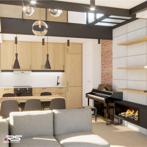 Wnetrze domu wakacyjnego z cegłą i betonem architektonicznym na ścianie